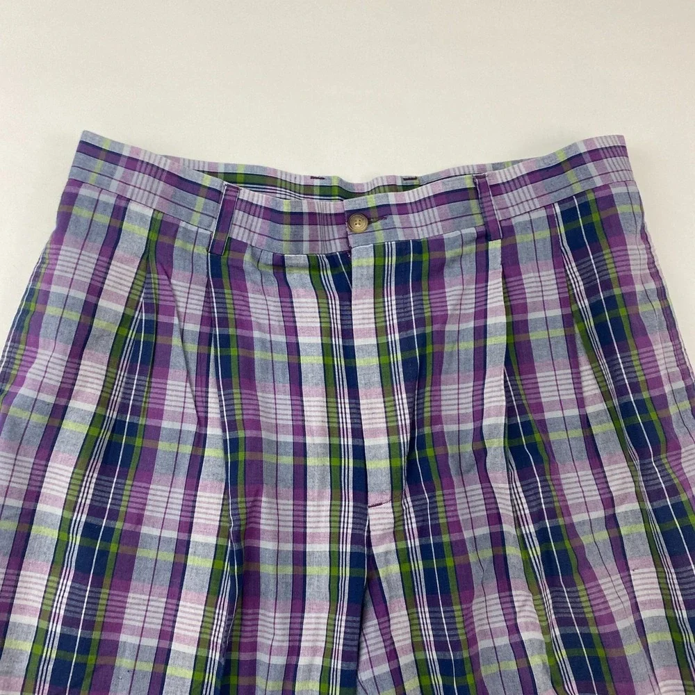 VTG Greg Norman Purple Blue Multicolor Plaid Pleated‎ Shorts Size 34 100% Cotton